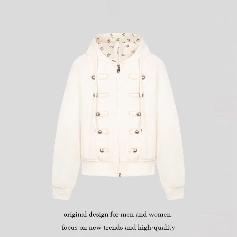 Damen Kapuzen-Sweatjacke mit dekorativen Schlaufen und Metallknopf-Details Drune
