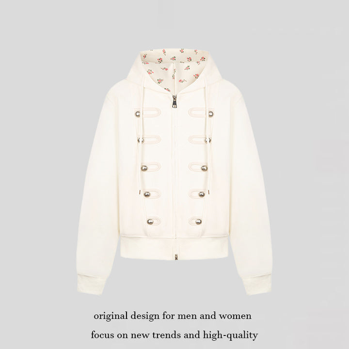 Damen Kapuzen-Sweatjacke mit dekorativen Schlaufen und Metallknopf-Details Drune