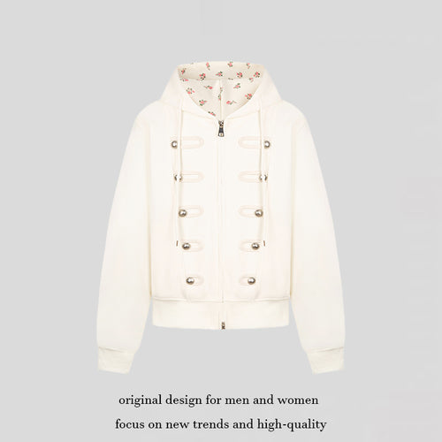 Damen Kapuzen-Sweatjacke mit dekorativen Schlaufen und Metallknopf-Details Drune