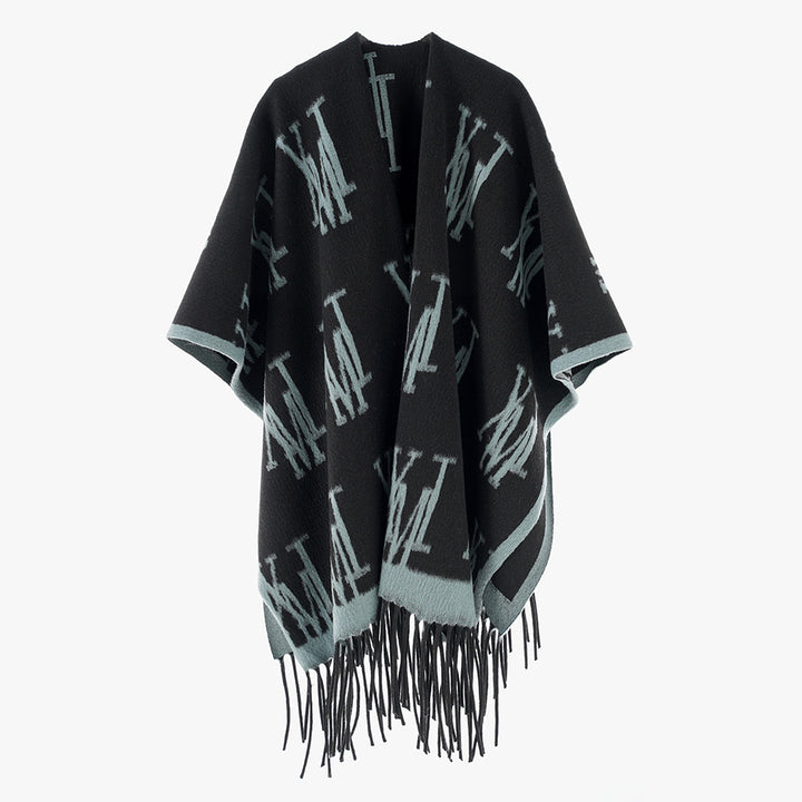 Damen Oversize-Monogramm-Capeponcho aus Wollmix mit Fransensaum Drune