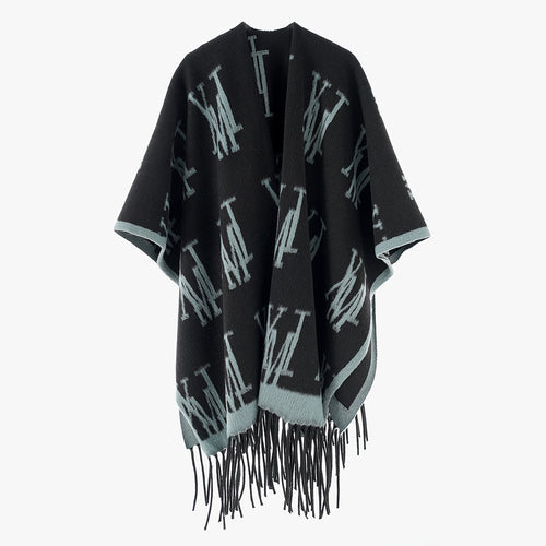 Damen Oversize-Monogramm-Capeponcho aus Wollmix mit Fransensaum Drune