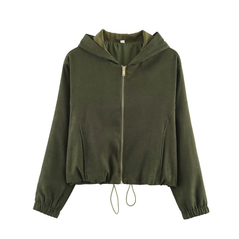 Damen Kurzjacke aus Velours‑Optik mit Kapuze, durchgehendem Reißverschluss und Tunnelzugsaum Drune