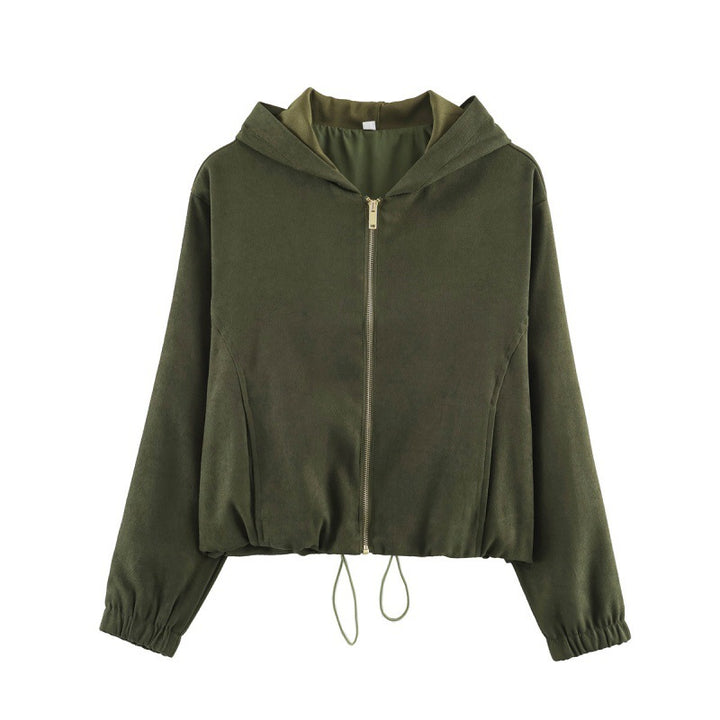 Damen Kurzjacke aus Velours‑Optik mit Kapuze, durchgehendem Reißverschluss und Tunnelzugsaum Drune
