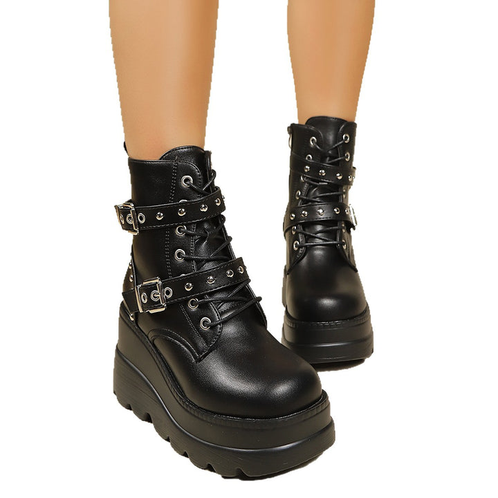Damen Gepolsterte Plateau-Biker-Stiefeletten mit Schnallen und Nieten Drune