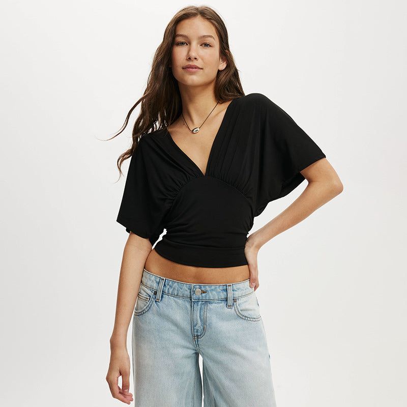 Damen elegantes Wickeloberteil mit voluminösenÄrmeln und tiefem V-Ausschnitt Drune