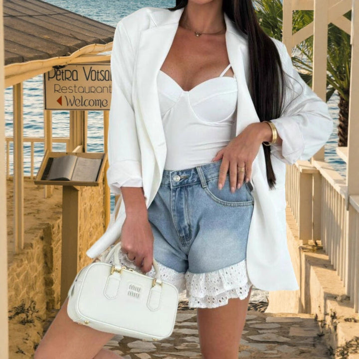 Damen Denim-Shorts mit verspieltem Rüschensaum und hohem Taillenbund Drune