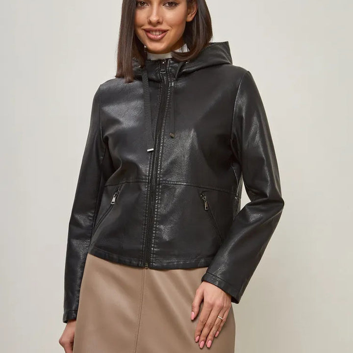 Damen modische Kunstlederjacke mit Kapuze und Reißverschlusstaschen Drune