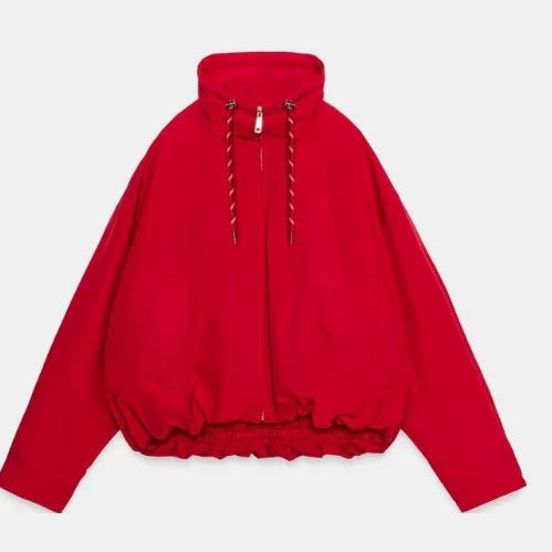 Damen Oversize Cropped Kapuzenjacke mit durchgehendem Reißverschluss, Kordelzug und gerafftem Saum Drune