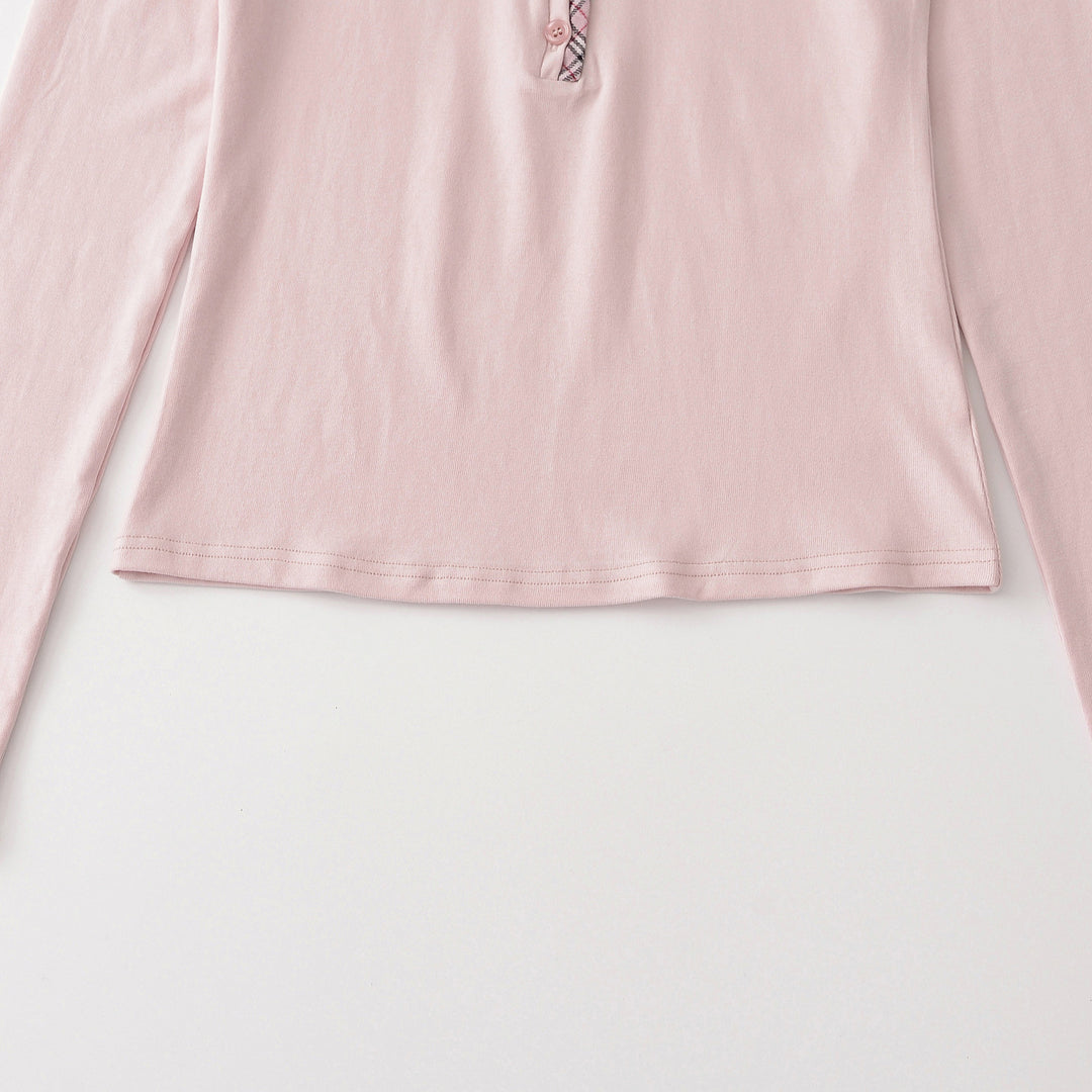 Damen Langarmshirt mit V-Ausschnitt, Knopfleiste und Karobesatz Drune