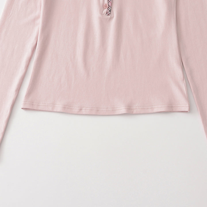 Damen Langarmshirt mit V-Ausschnitt, Knopfleiste und Karobesatz Drune