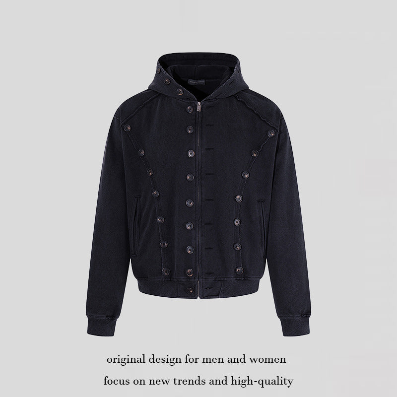 Herren Kapuzen-Zipjacke mit dekorischer Knopfreihe, vintage-inspirierter Waschung und elastischem Saum Drune