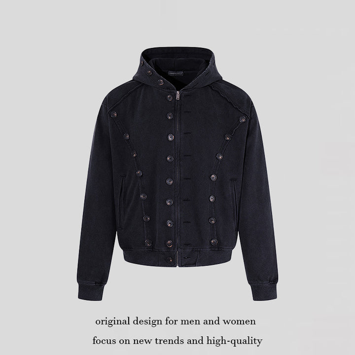 Herren Kapuzen-Zipjacke mit dekorischer Knopfreihe, vintage-inspirierter Waschung und elastischem Saum Drune