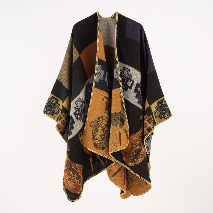 Damen Oversize-Jacquard-Capeponcho mit ornamentaler Webstruktur Drune