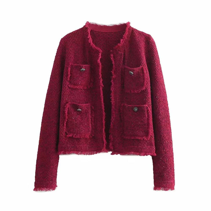 Damen kurze Bouclé‑Tweed‑Jacke mit Fransenbesatz, aufgesetzten Pattentaschen und Rundhalsausschnitt Drune