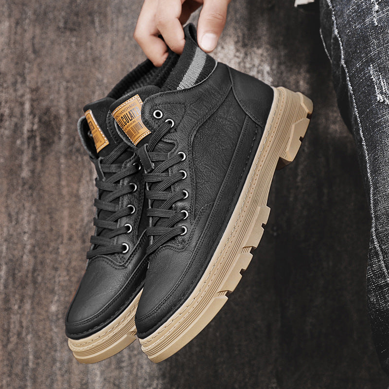 Herren lederoptik High-Top City-Boot Sneaker mit gestricktem Schaftkragen und stoßdämpfender Profilsohle Drune