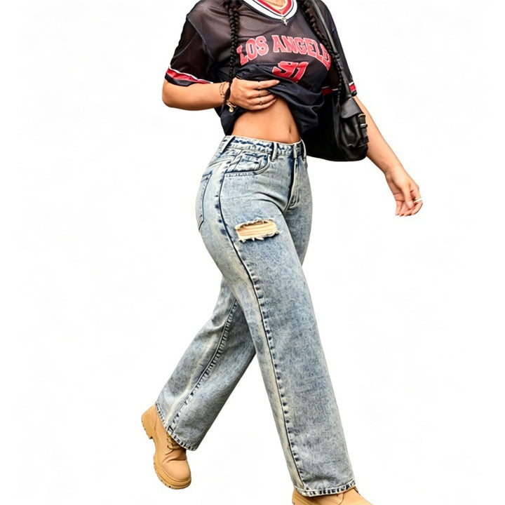 Damen High-Waist Relaxed-Jeans mit Steinwasch-Effekt und seitlichem aufgerissenem Einsatz Drune