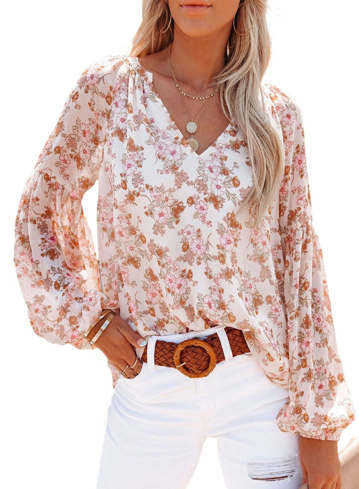 Damen Bluse mit floralen Mustern und V-Ausschnitt Drune