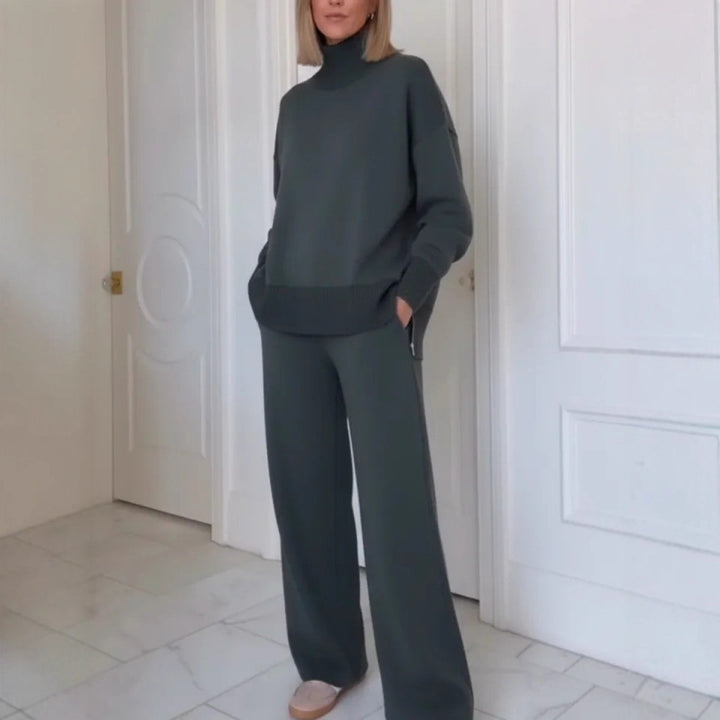 Damen Bequemes Strick-Loungewear-Set mit hochgeschlossenem Pullover und weit geschnittenen Hosen Drune