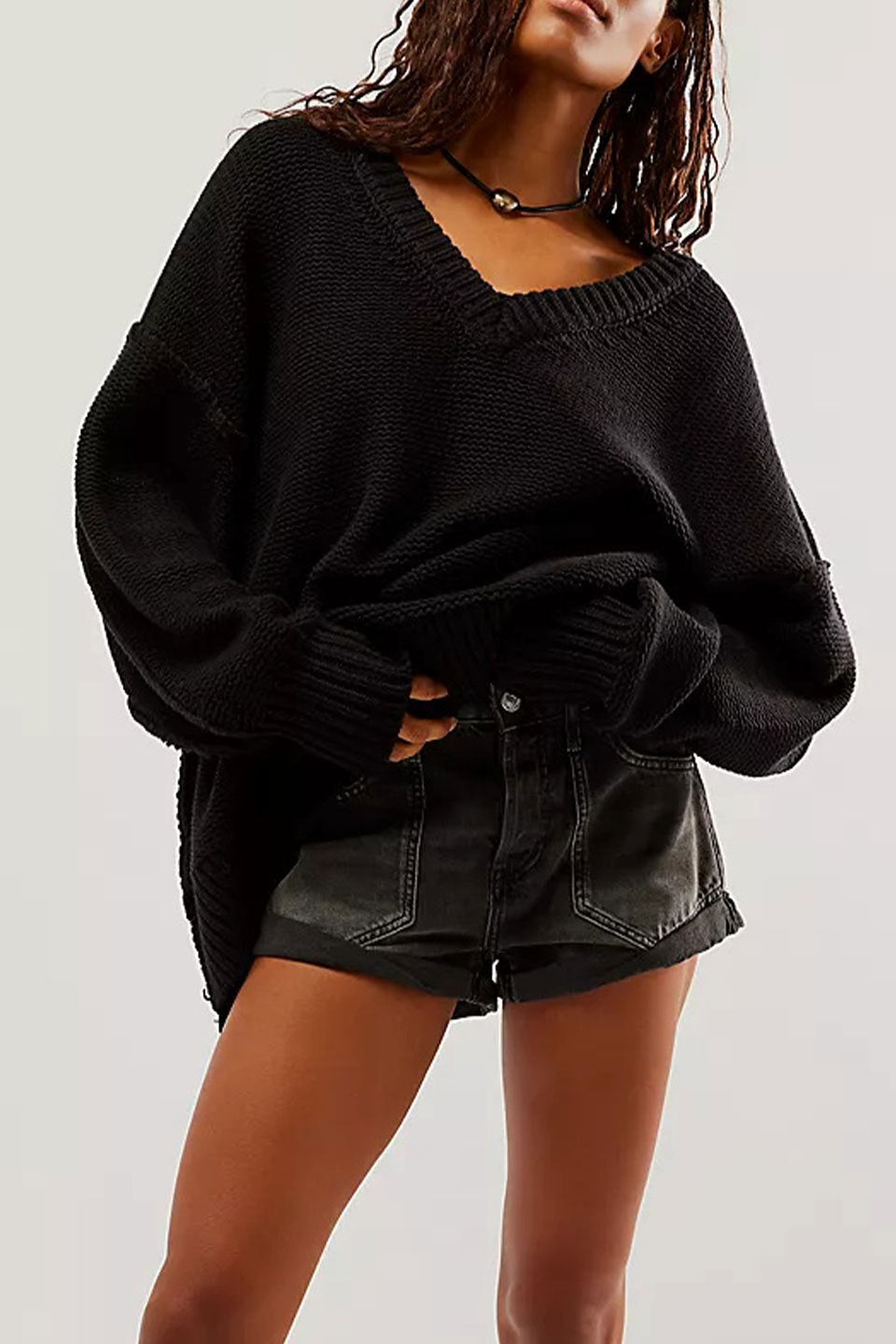 Damen V-Ausschnitt Oversized Pullover mit strukturiertem Strickmuster Drune