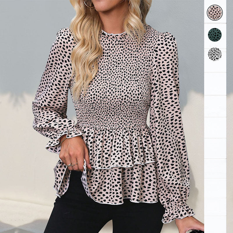 Damen Gesmoktes Chiffon-Blusenshirt mit Stufen-Peplum und Rüschenärmeln Drune