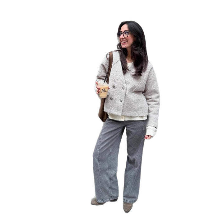 Damen Kurze Teddyjacke mit Doppelknopf-Verschluss und V‑Ausschnitt Drune