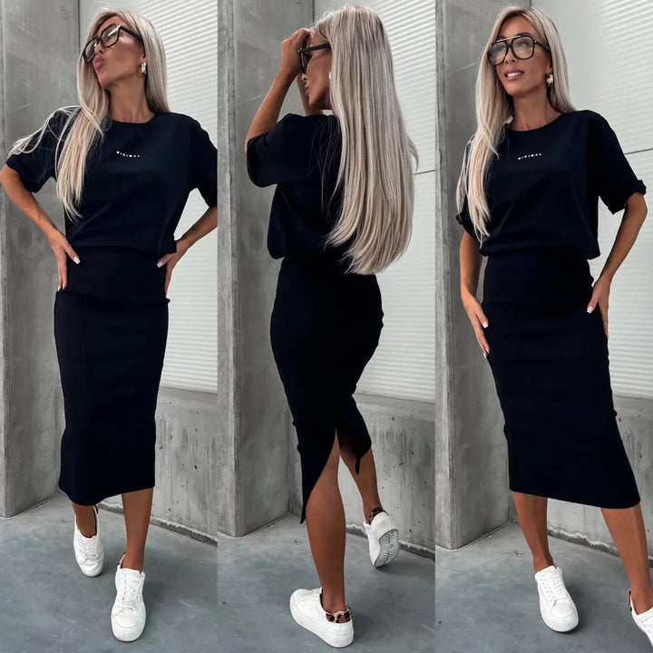 Damen zweiteiliges Strick-Set mit oversized Boxy-Shirt und figurumspielendem Midirock mit Seitenschlitz Drune