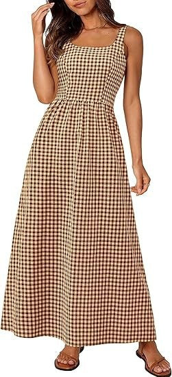 Damen Maxikleid im klassischen Karomuster mit verstellbaren Trägern und elastischem Bund Drune