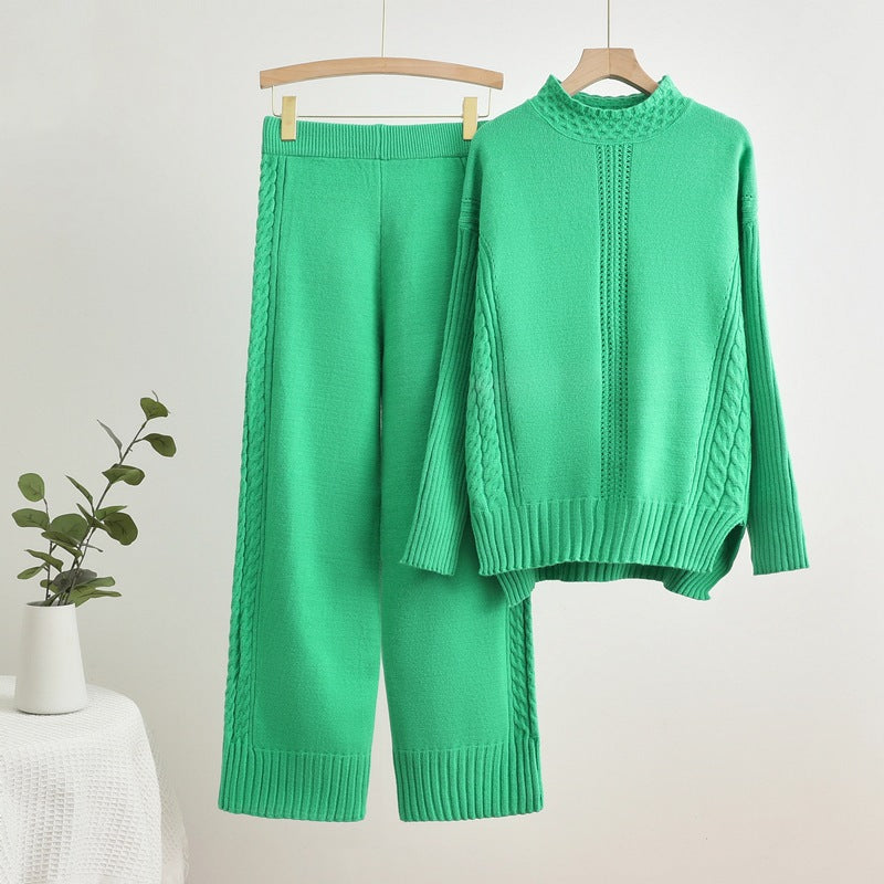 Damen komfortables Strick-Loungewear-Set mit hohen Bündchen und dekorativen Zopfmustern Drune