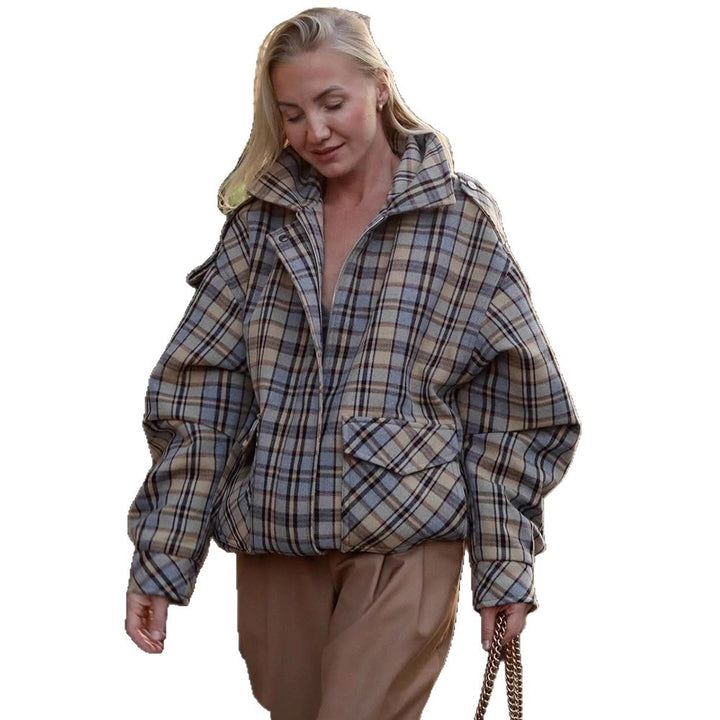 Damen Oversize-Karomantel im Boxy‑Schnitt mit Reißverschluss und Schulterklappen Drune