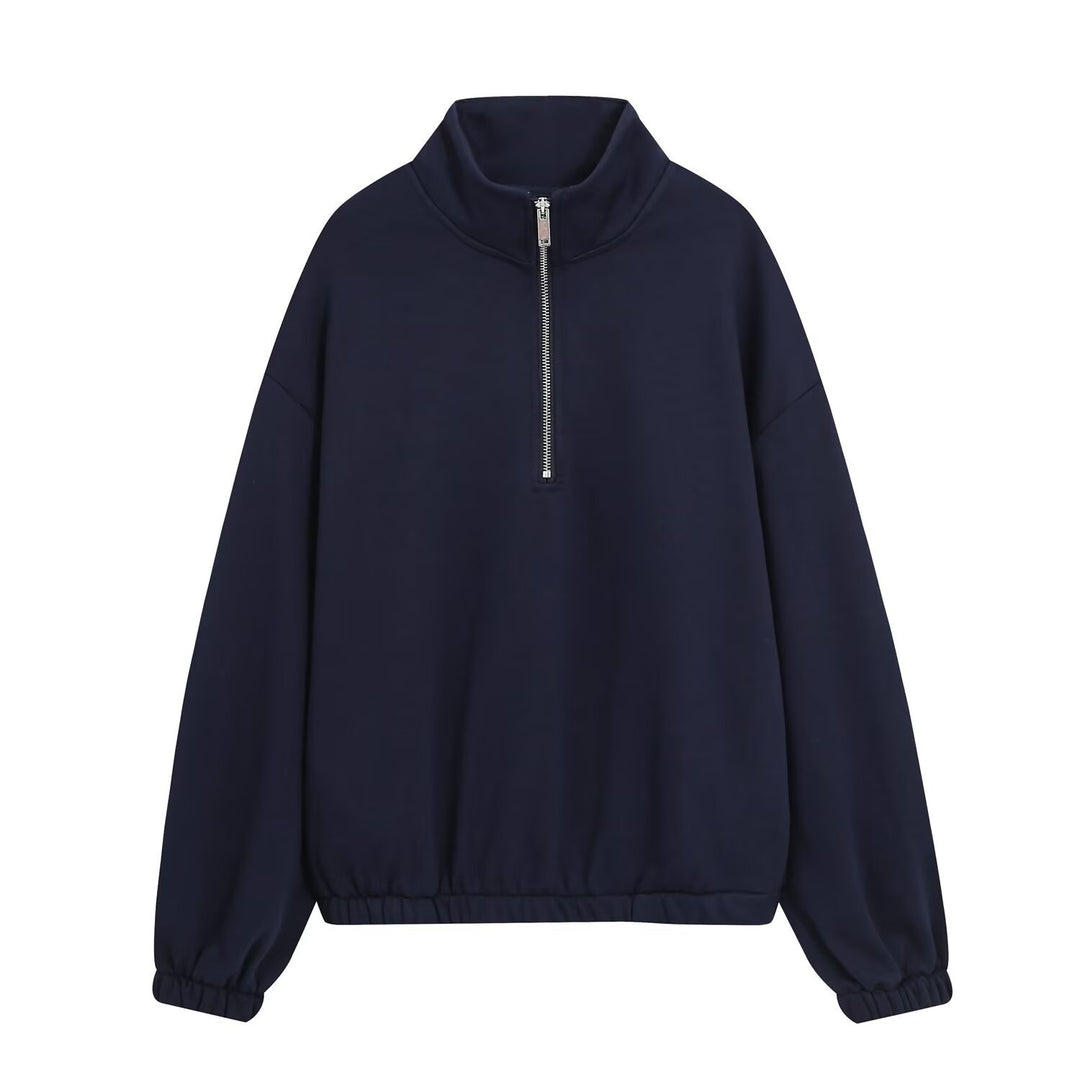 Damen Oversize Pullover mit Halbzip‑Stehkragen, elastischem Saum und überschnittenen Ärmeln Drune