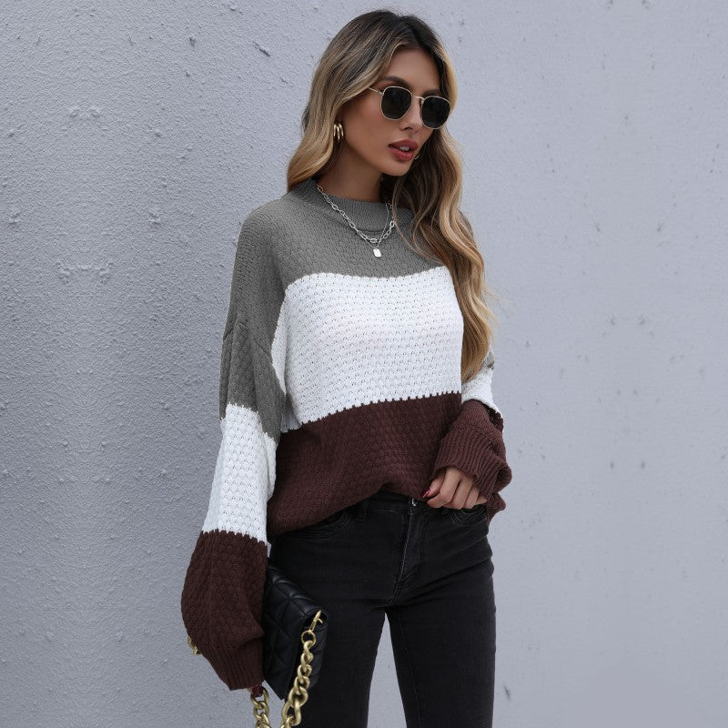 Damen Strukturstrick-Blockpullover mit überschnittener Schulter und Rundhalsausschnitt Drune