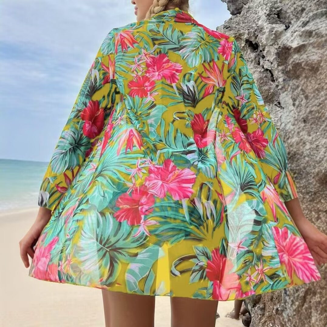 Damen Bikiniset mit floralem Muster und transparenter Strandüberwurf Drune