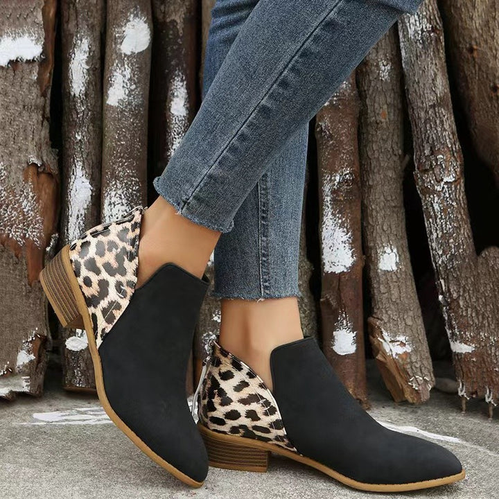 Damen Kurzschaft-Ankleboots mit spitzer Vorderkappe, Leoparden-Fersen und verdecktem Reißverschluss Drune