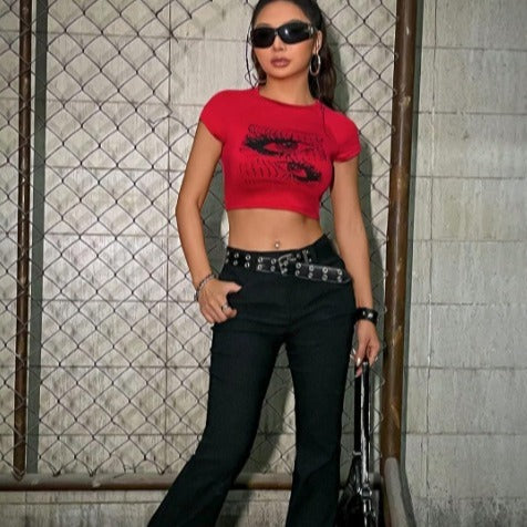 Damen Crop-Top mit kreativem Augenmotiv und figurbetonter Passform Drune
