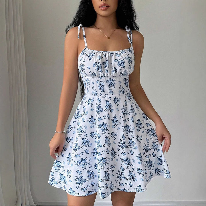 Damen Sommerkleid mit verstellbaren Spaghetti-Trägern und floralen Akzenten Drune