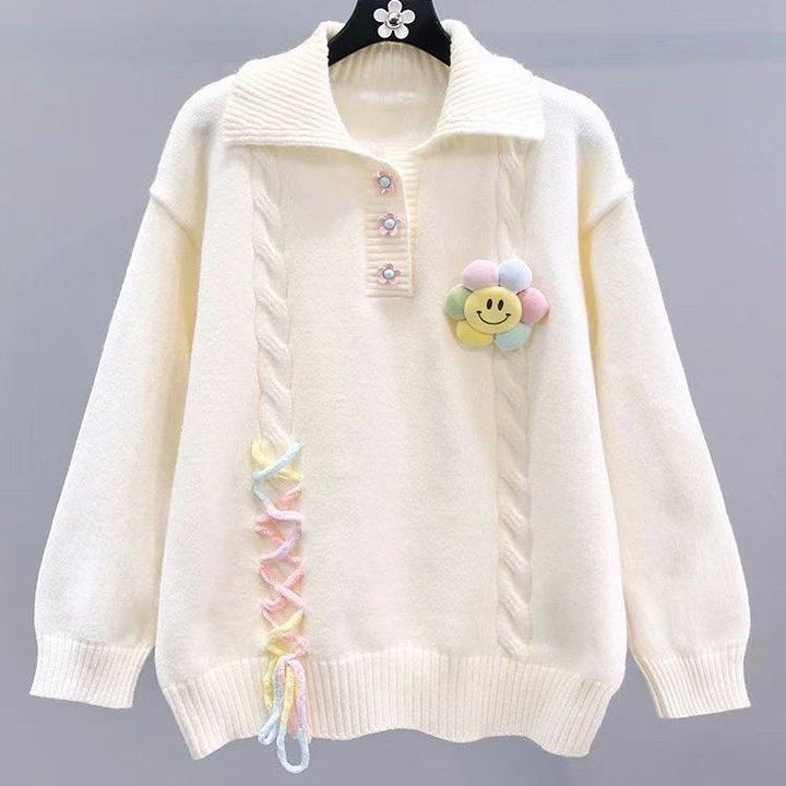 Damen Modischer Pullover mit Blumenapplikationen und Kabelmuster Drune