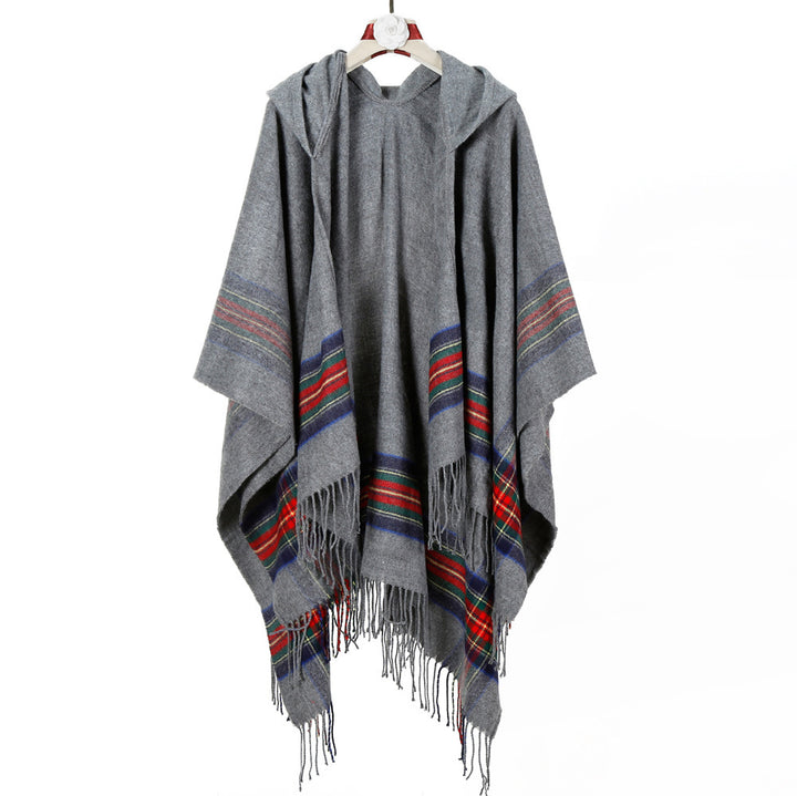Damen Kapuzen‑Capeponcho im Tartanmuster mit Fransensaum aus weichem Wollmix Drune