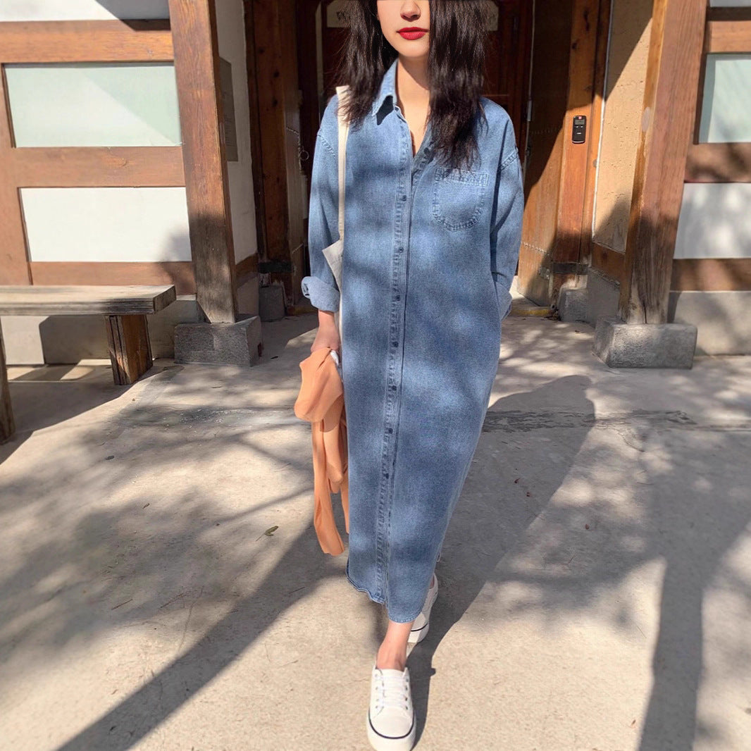 Damen Langes Oversize-Denim-Hemdblusenkleid im washed-Look mit Brusttasche und umgeschlagenen Ärmeln Drune