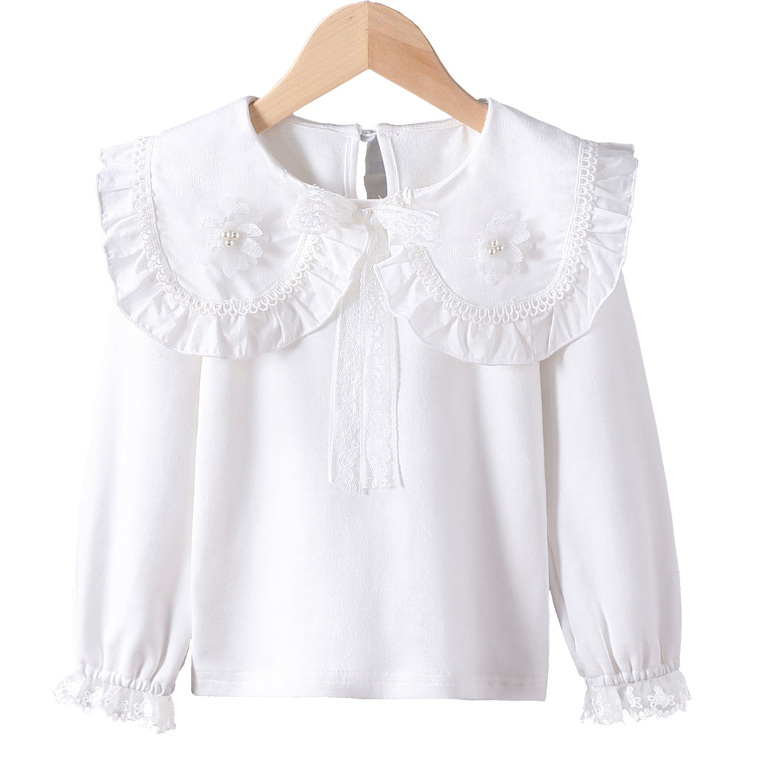 Mädchen Bluse mit rüschenverziertem Kragen und feinen Blumenapplikationen Drune