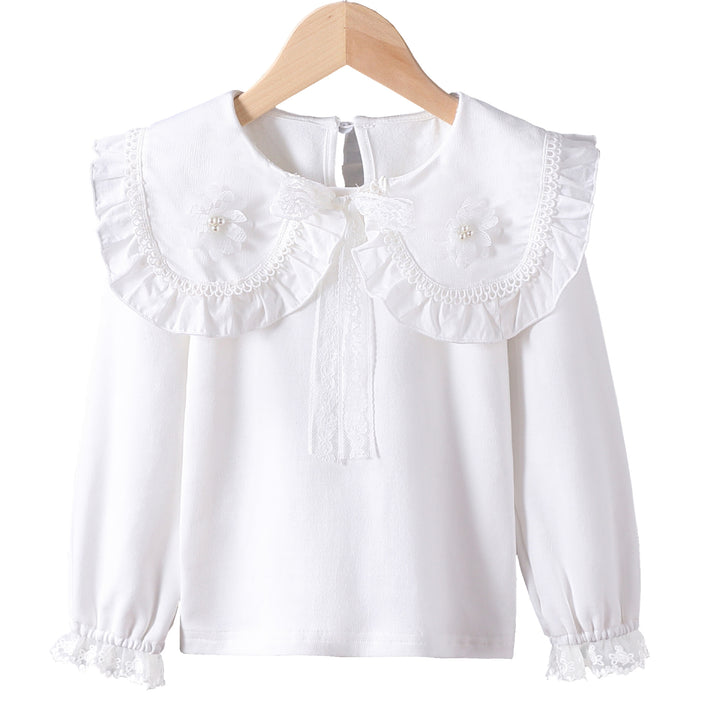 Mädchen Bluse mit rüschenverziertem Kragen und feinen Blumenapplikationen Drune