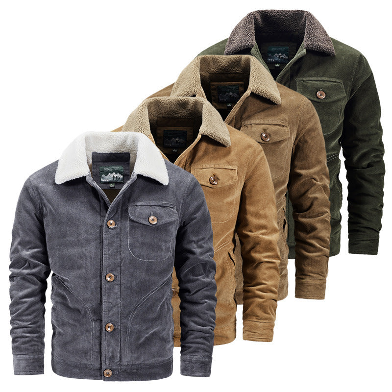 Herren Cord-Truckerjacke mit wärmendem Sherpa-Kragen und Holzknopffront Drune