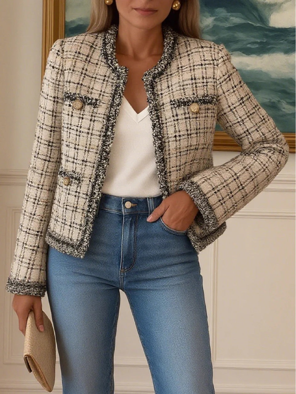 Damen nan kurze Bouclé-Tweedjacke im klassischen Schnitt mit Fransenbesatz und Zierknöpfen Drune