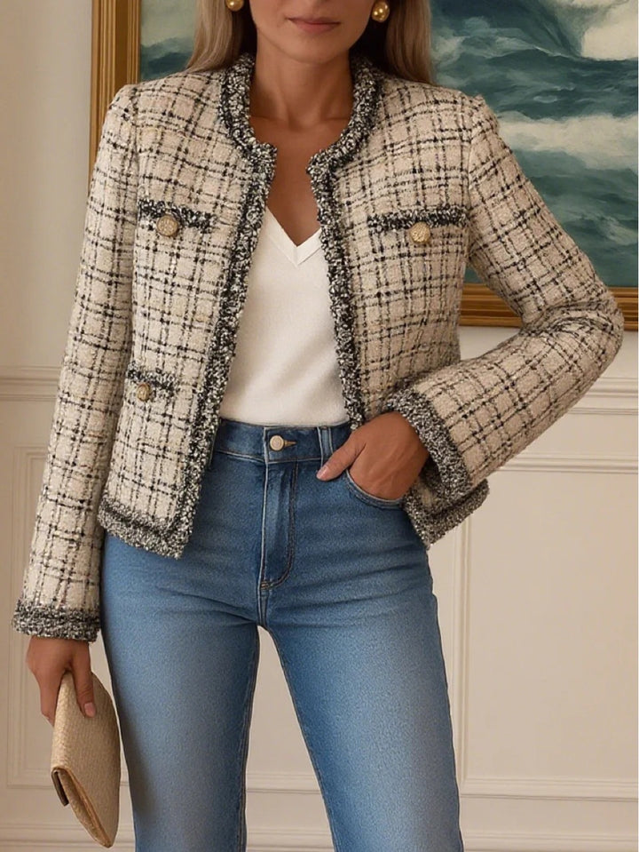 Damen nan kurze Bouclé-Tweedjacke im klassischen Schnitt mit Fransenbesatz und Zierknöpfen Drune