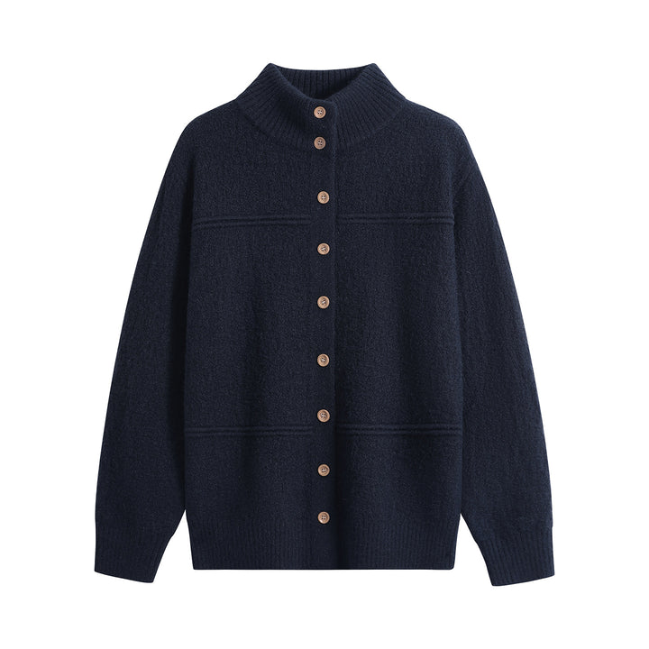 Damen Langer Oversize-Wollmix-Cardigan mit hohem Rippenkragen und Vintage-Knöpfen Drune