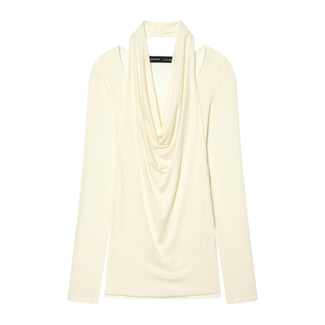 Damen nan drapiertes Langarmshirt mit tiefem Wasserfall-Cowl-Ausschnitt aus feinem Jersey Drune