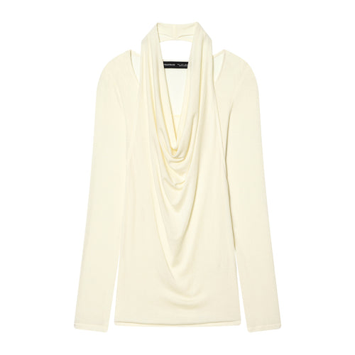 Damen nan drapiertes Langarmshirt mit tiefem Wasserfall-Cowl-Ausschnitt aus feinem Jersey Drune