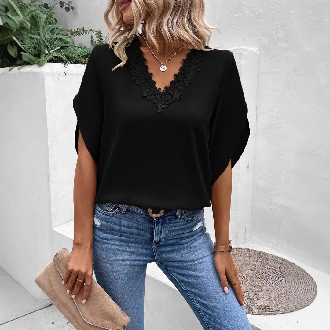 Damen elegante Bluse mit Spitzenapplikation Drune