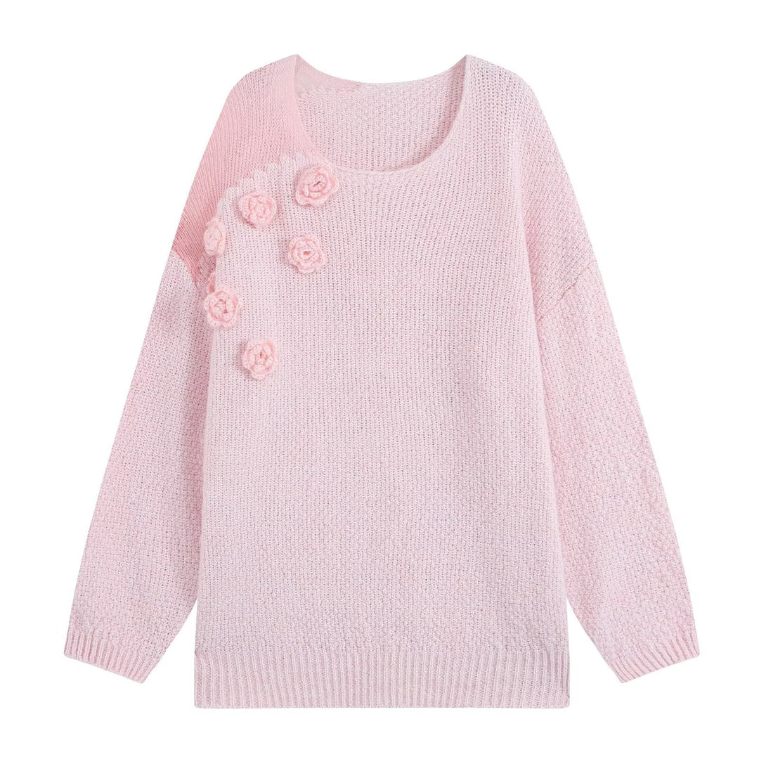 Damen Strickset aus Kuschelpullover mit 3D-Blütenapplikation und A-Linien-Rock Drune