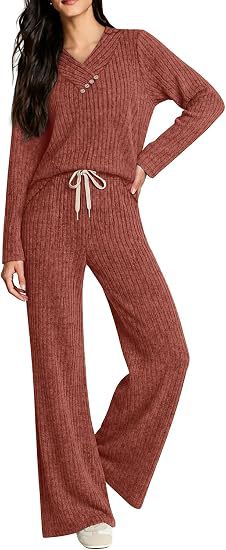 Damen Weiches Rippstrick-Lounge-Set mit V-Ausschnitt und Kordelbund Drune