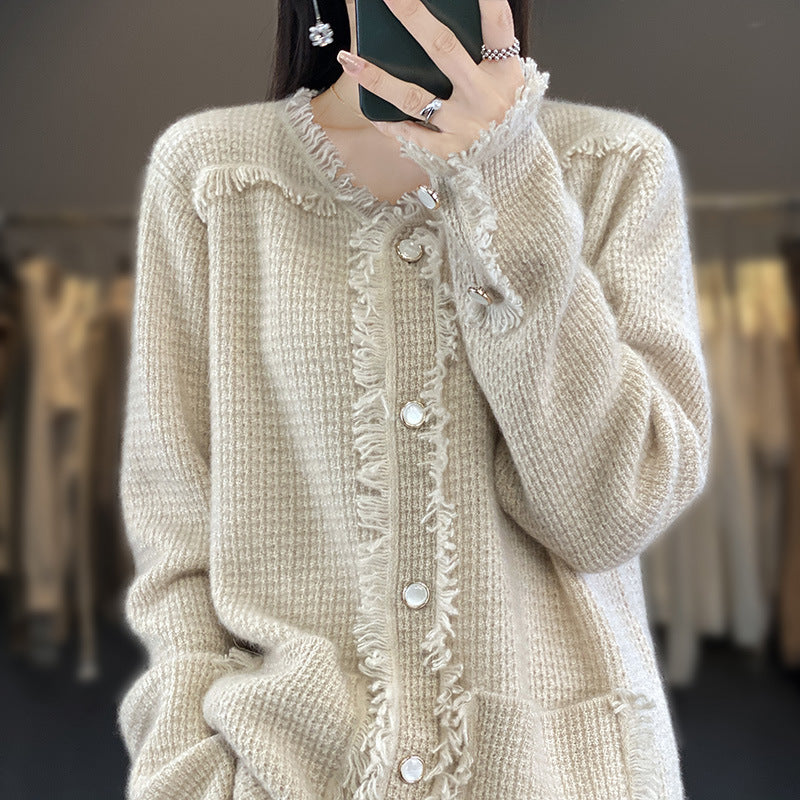 Damen Strickcardigan mit Fransenblende, Perlmuttknopfleiste und aufgesetzten Taschen Drune